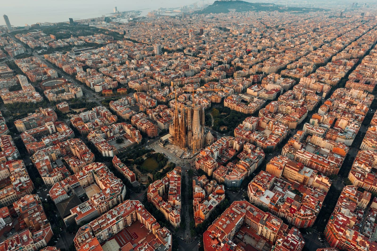 Sunlit plaza and Spanish architecture in Barcelona, Spain
